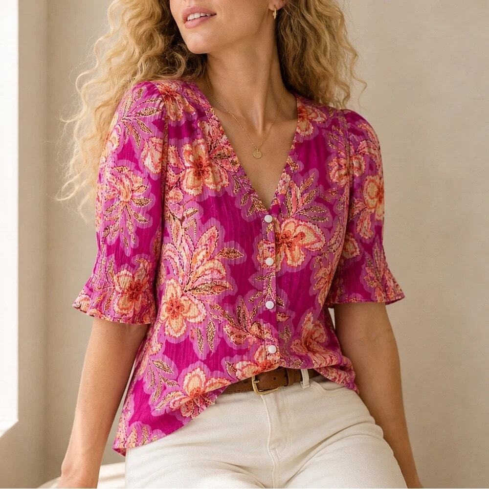 Textured Stripe Floral Puff Sleeve Button Down V-Neck Loft 100% Cotton Blouse